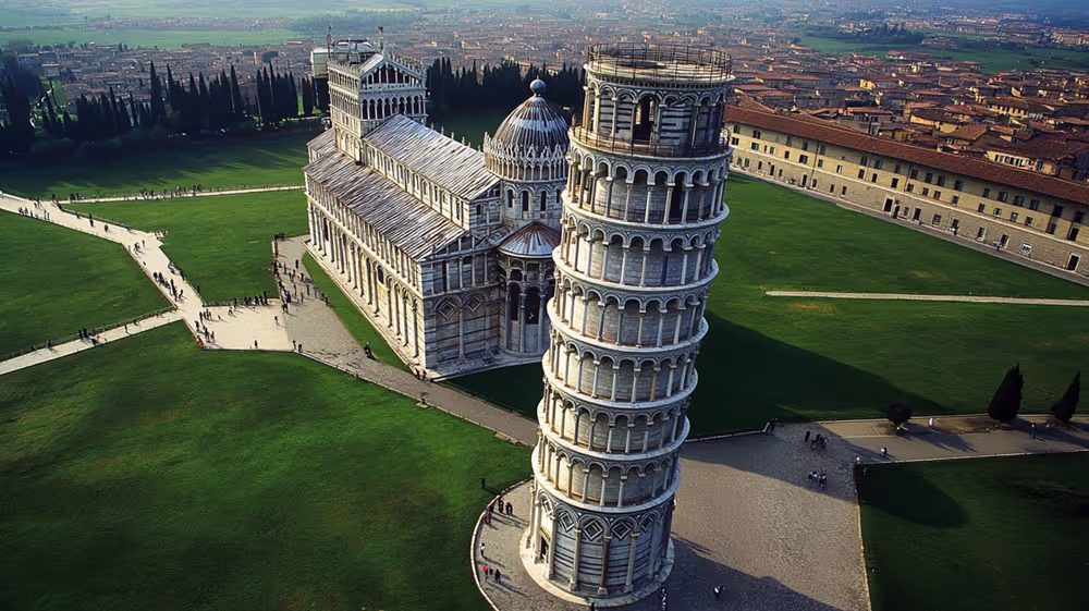 Aerial view of the Leaning Tower of Pisa with the adjacent cathedral and green lawns around.